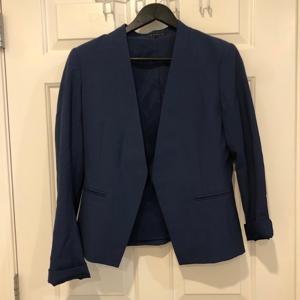 THEORY CROPPED BLAZER BLUE SIZE 8 MEDIUM